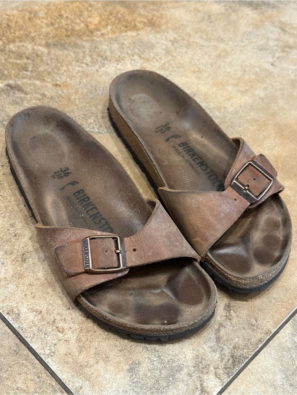 Birkenstock Brown Leather Single-Strap Slide Sandals with Buckle